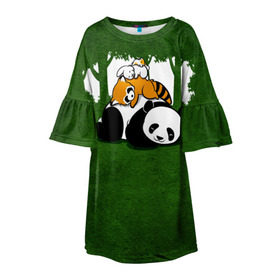 Детское платье 3D с принтом Милая панда в Санкт-Петербурге, 100% полиэстер | прямой силуэт, чуть расширенный к низу. Круглая горловина, на рукавах — воланы | Тематика изображения на принте: большая | джунгли | енот | зайка | милая | панда | пушистая