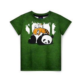 Детская футболка 3D с принтом Милая панда в Санкт-Петербурге, 100% гипоаллергенный полиэфир | прямой крой, круглый вырез горловины, длина до линии бедер, чуть спущенное плечо, ткань немного тянется | большая | джунгли | енот | зайка | милая | панда | пушистая