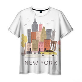 Мужская футболка 3D с принтом Нью-Йорк в Санкт-Петербурге, 100% полиэфир | прямой крой, круглый вырез горловины, длина до линии бедер | new york | воздушные шары | город | деревья | рисунок | такси