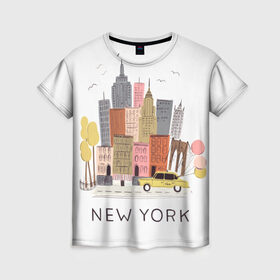 Женская футболка 3D с принтом Нью-Йорк в Санкт-Петербурге, 100% полиэфир ( синтетическое хлопкоподобное полотно) | прямой крой, круглый вырез горловины, длина до линии бедер | new york | воздушные шары | город | деревья | рисунок | такси