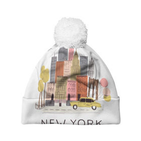 Шапка 3D c помпоном с принтом Нью-Йорк в Санкт-Петербурге, 100% полиэстер | универсальный размер, печать по всей поверхности изделия | new york | воздушные шары | город | деревья | рисунок | такси