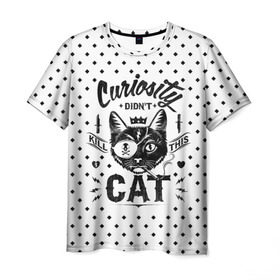 Мужская футболка 3D с принтом Curiosity Cat в Санкт-Петербурге, 100% полиэфир | прямой крой, круглый вырез горловины, длина до линии бедер | Тематика изображения на принте: animal | beast | cat | feline | gangsta | kill | king | kitty | meow | nature | гангстер | животное | зверь | король | кот | котенок | котик | кошка | мяу | природа