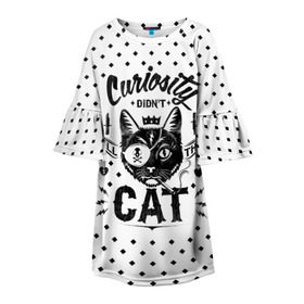 Детское платье 3D с принтом Curiosity Cat в Санкт-Петербурге, 100% полиэстер | прямой силуэт, чуть расширенный к низу. Круглая горловина, на рукавах — воланы | Тематика изображения на принте: animal | beast | cat | feline | gangsta | kill | king | kitty | meow | nature | гангстер | животное | зверь | король | кот | котенок | котик | кошка | мяу | природа