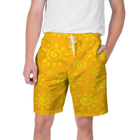 Мужские шорты 3D с принтом Солнышко в Санкт-Петербурге,  полиэстер 100% | прямой крой, два кармана без застежек по бокам. Мягкая трикотажная резинка на поясе, внутри которой широкие завязки. Длина чуть выше колен | Тематика изображения на принте: желтый | паттерн | солнце | яркий