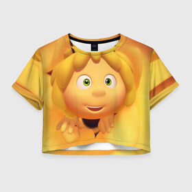 Женская футболка 3D укороченная с принтом Пчелка Майя в Санкт-Петербурге, 100% полиэстер | круглая горловина, длина футболки до линии талии, рукава с отворотами | пчелка майя
