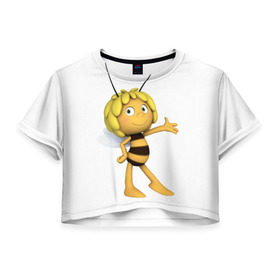 Женская футболка 3D укороченная с принтом Пчелка Майя в Санкт-Петербурге, 100% полиэстер | круглая горловина, длина футболки до линии талии, рукава с отворотами | пчелка майя