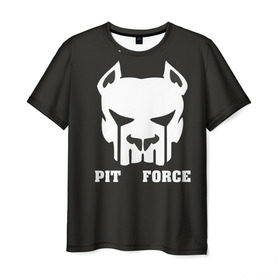 Мужская футболка 3D с принтом Pit Force в Санкт-Петербурге, 100% полиэфир | прямой крой, круглый вырез горловины, длина до линии бедер | pit force | белый | боец | друг человека | животные | питбуль | порода | собака | цвет | чёрный
