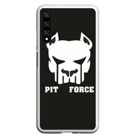 Чехол для Honor 20 с принтом Pit Force в Санкт-Петербурге, Силикон | Область печати: задняя сторона чехла, без боковых панелей | Тематика изображения на принте: pit force | белый | боец | друг человека | животные | питбуль | порода | собака | цвет | чёрный