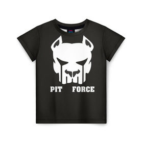 Детская футболка 3D с принтом Pit Force в Санкт-Петербурге, 100% гипоаллергенный полиэфир | прямой крой, круглый вырез горловины, длина до линии бедер, чуть спущенное плечо, ткань немного тянется | Тематика изображения на принте: pit force | белый | боец | друг человека | животные | питбуль | порода | собака | цвет | чёрный