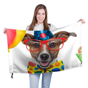 Флаг 3D с принтом Джек рассел - клоун в Санкт-Петербурге, 100% полиэстер | плотность ткани — 95 г/м2, размер — 67 х 109 см. Принт наносится с одной стороны | волкодав | дворняжка | джек | джек рассел | домашние животные | любимец | мопс | овчарка | пес | песик | питомец | рассел | сенбернар | собака | собачка