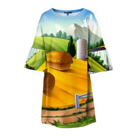 Детское платье 3D с принтом Ферма в Санкт-Петербурге, 100% полиэстер | прямой силуэт, чуть расширенный к низу. Круглая горловина, на рукавах — воланы | Тематика изображения на принте: пейзаж | яркий