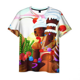 Мужская футболка 3D с принтом Candy Town в Санкт-Петербурге, 100% полиэфир | прямой крой, круглый вырез горловины, длина до линии бедер | конфеты | пирожные | сладости | яркий