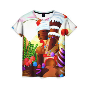 Женская футболка 3D с принтом Candy Town в Санкт-Петербурге, 100% полиэфир ( синтетическое хлопкоподобное полотно) | прямой крой, круглый вырез горловины, длина до линии бедер | Тематика изображения на принте: конфеты | пирожные | сладости | яркий