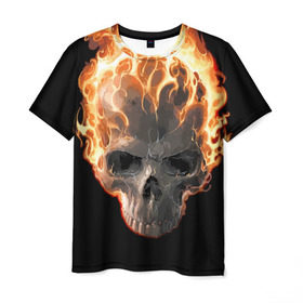 Мужская футболка 3D с принтом Череп в огне в Санкт-Петербурге, 100% полиэфир | прямой крой, круглый вырез горловины, длина до линии бедер | background | black | death | fire | flame | skeleton | skull | огонь | пламя | скелет | фон | череп | черный