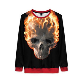 Женский свитшот 3D с принтом Череп в огне в Санкт-Петербурге, 100% полиэстер с мягким внутренним слоем | круглый вырез горловины, мягкая резинка на манжетах и поясе, свободная посадка по фигуре | background | black | death | fire | flame | skeleton | skull | огонь | пламя | скелет | фон | череп | черный