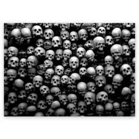 Поздравительная открытка с принтом Черепа в Санкт-Петербурге, 100% бумага | плотность бумаги 280 г/м2, матовая, на обратной стороне линовка и место для марки
 | background | black | death | skeletons | skull | скелеты | фон | черепа | черный