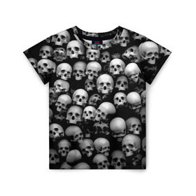 Детская футболка 3D с принтом Черепа в Санкт-Петербурге, 100% гипоаллергенный полиэфир | прямой крой, круглый вырез горловины, длина до линии бедер, чуть спущенное плечо, ткань немного тянется | background | black | death | skeletons | skull | скелеты | фон | черепа | черный