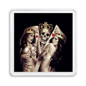 Магнит 55*55 с принтом Скелетоны в Санкт-Петербурге, Пластик | Размер: 65*65 мм; Размер печати: 55*55 мм | Тематика изображения на принте: background | black | cards | color | crown | death | game | girl | hearts | king | queen | skeleton | skull | spades | tattoo | девушки | игра | карты | королевы | король | короны | масть | пики | скелет | тату | фон | черви 