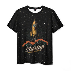 Мужская футболка 3D с принтом Startup Space в Санкт-Петербурге, 100% полиэфир | прямой крой, круглый вырез горловины, длина до линии бедер | cosmos | galaxy | planet | rocket | space | star | взлет | галактика | звезды | корабль | космос | планета | ракета