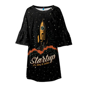 Детское платье 3D с принтом Startup Space в Санкт-Петербурге, 100% полиэстер | прямой силуэт, чуть расширенный к низу. Круглая горловина, на рукавах — воланы | Тематика изображения на принте: cosmos | galaxy | planet | rocket | space | star | взлет | галактика | звезды | корабль | космос | планета | ракета