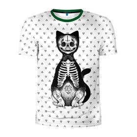 Мужская футболка 3D спортивная с принтом Готический кот в Санкт-Петербурге, 100% полиэстер с улучшенными характеристиками | приталенный силуэт, круглая горловина, широкие плечи, сужается к линии бедра | bone | cat | death | feline | gothic | hipster | kitty | meow | skelet | skull | tatoo | готика | кости | кот | котенок | котик | кошка | мяу | скелет | тату | хипстер | череп