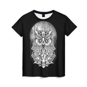 Женская футболка 3D с принтом Королевская сова в Санкт-Петербурге, 100% полиэфир ( синтетическое хлопкоподобное полотно) | прямой крой, круглый вырез горловины, длина до линии бедер | bird | forest | moon | nature | night | owl | queen | tatoo | wood | королева | лес | луна | ночь | природа | птица | сова | тату
