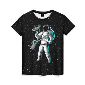 Женская футболка 3D с принтом Космонавт с котами в Санкт-Петербурге, 100% полиэфир ( синтетическое хлопкоподобное полотно) | прямой крой, круглый вырез горловины, длина до линии бедер | astronaut | cat | cosmonaut | cosmos | galaxy | kitty | planet | space | star | астронавт | галактика | звезды | космонавт | космос | кот | кошка | планета | скафандр
