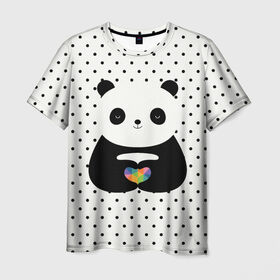 Мужская футболка 3D с принтом Любовь панды в Санкт-Петербурге, 100% полиэфир | прямой крой, круглый вырез горловины, длина до линии бедер | Тематика изображения на принте: animal | bear | beast | forest | heart | love | nature | panda | животное | зверь | лес | любовь | медведь | панда | природа | сердце | страсть
