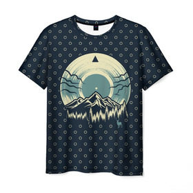 Мужская футболка 3D с принтом Музыка гор в Санкт-Петербурге, 100% полиэфир | прямой крой, круглый вырез горловины, длина до линии бедер | forest | melody | mountain | music | nature | retro | sound | vinyl | винил | горы | звук | лес | мелодия | музыка | природа | ретро