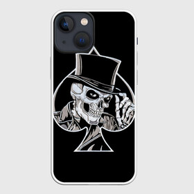 Чехол для iPhone 13 mini с принтом Скелетон в Санкт-Петербурге,  |  | background | black | card | cylinder | death | game | hat | skeleton | skull | spades | suit | игра | карты | масть | пики | скелет | фон | цилиндр | череп | черный | шляпа