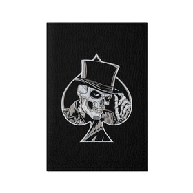 Обложка для паспорта матовая кожа с принтом Скелетон в Санкт-Петербурге, натуральная матовая кожа | размер 19,3 х 13,7 см; прозрачные пластиковые крепления | Тематика изображения на принте: background | black | card | cylinder | death | game | hat | skeleton | skull | spades | suit | игра | карты | масть | пики | скелет | фон | цилиндр | череп | черный | шляпа