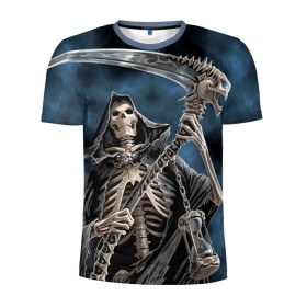 Мужская футболка 3D спортивная с принтом Скелетон в Санкт-Петербурге, 100% полиэстер с улучшенными характеристиками | приталенный силуэт, круглая горловина, широкие плечи, сужается к линии бедра | death | skeleton | skull | капюшон | коса | скелет | череп