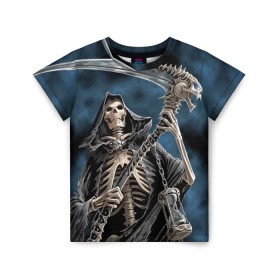 Детская футболка 3D с принтом Скелетон в Санкт-Петербурге, 100% гипоаллергенный полиэфир | прямой крой, круглый вырез горловины, длина до линии бедер, чуть спущенное плечо, ткань немного тянется | Тематика изображения на принте: death | skeleton | skull | капюшон | коса | скелет | череп