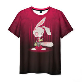 Мужская футболка 3D с принтом Заяц с бензопилой в Санкт-Петербурге, 100% полиэфир | прямой крой, круглый вырез горловины, длина до линии бедер | бензопила | девушке | зайка | заяц | красная | мульт | мультфильм | прикол | ужас | цветы