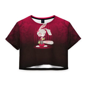 Женская футболка 3D укороченная с принтом Заяц с бензопилой в Санкт-Петербурге, 100% полиэстер | круглая горловина, длина футболки до линии талии, рукава с отворотами | бензопила | девушке | зайка | заяц | красная | мульт | мультфильм | прикол | ужас | цветы