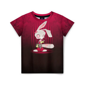 Детская футболка 3D с принтом Заяц с бензопилой в Санкт-Петербурге, 100% гипоаллергенный полиэфир | прямой крой, круглый вырез горловины, длина до линии бедер, чуть спущенное плечо, ткань немного тянется | бензопила | девушке | зайка | заяц | красная | мульт | мультфильм | прикол | ужас | цветы