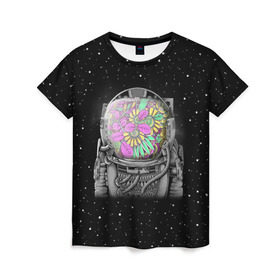 Женская футболка 3D с принтом Цветочный астонавт в Санкт-Петербурге, 100% полиэфир ( синтетическое хлопкоподобное полотно) | прямой крой, круглый вырез горловины, длина до линии бедер | astronaut | cosmonaut | cosmos | galaxy | planet | space | star | астронавт | галактика | звезды | космонавт | космос | планета | скафандр | цветы