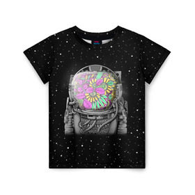 Детская футболка 3D с принтом Цветочный астонавт в Санкт-Петербурге, 100% гипоаллергенный полиэфир | прямой крой, круглый вырез горловины, длина до линии бедер, чуть спущенное плечо, ткань немного тянется | astronaut | cosmonaut | cosmos | galaxy | planet | space | star | астронавт | галактика | звезды | космонавт | космос | планета | скафандр | цветы