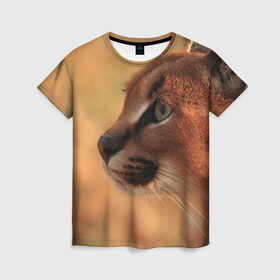 Женская футболка 3D с принтом Рысь в Санкт-Петербурге, 100% полиэфир ( синтетическое хлопкоподобное полотно) | прямой крой, круглый вырез горловины, длина до линии бедер | амурский | животные | киса | кот | котенок | кошка | пума | рысь | серый | тигр | хищник