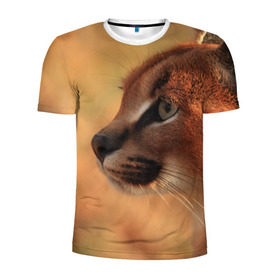 Мужская футболка 3D спортивная с принтом Рысь в Санкт-Петербурге, 100% полиэстер с улучшенными характеристиками | приталенный силуэт, круглая горловина, широкие плечи, сужается к линии бедра | Тематика изображения на принте: амурский | животные | киса | кот | котенок | кошка | пума | рысь | серый | тигр | хищник