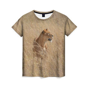 Женская футболка 3D с принтом Львица в траве в Санкт-Петербурге, 100% полиэфир ( синтетическое хлопкоподобное полотно) | прямой крой, круглый вырез горловины, длина до линии бедер | амурский | животные | киса | кот | котенок | кошка | лев | львица | пума | рысь | серый | тигр | хищник