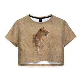 Женская футболка 3D укороченная с принтом Львица в траве в Санкт-Петербурге, 100% полиэстер | круглая горловина, длина футболки до линии талии, рукава с отворотами | Тематика изображения на принте: амурский | животные | киса | кот | котенок | кошка | лев | львица | пума | рысь | серый | тигр | хищник