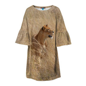 Детское платье 3D с принтом Львица в траве в Санкт-Петербурге, 100% полиэстер | прямой силуэт, чуть расширенный к низу. Круглая горловина, на рукавах — воланы | амурский | животные | киса | кот | котенок | кошка | лев | львица | пума | рысь | серый | тигр | хищник