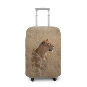 Чехол для чемодана 3D с принтом Львица в траве в Санкт-Петербурге, 86% полиэфир, 14% спандекс | двустороннее нанесение принта, прорези для ручек и колес | амурский | животные | киса | кот | котенок | кошка | лев | львица | пума | рысь | серый | тигр | хищник