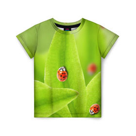 Детская футболка 3D с принтом Жучки на травке в Санкт-Петербурге, 100% гипоаллергенный полиэфир | прямой крой, круглый вырез горловины, длина до линии бедер, чуть спущенное плечо, ткань немного тянется | жук | зеленый | зелень | красный | насекомые | природа