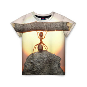 Детская футболка 3D с принтом Муравей в Санкт-Петербурге, 100% гипоаллергенный полиэфир | прямой крой, круглый вырез горловины, длина до линии бедер, чуть спущенное плечо, ткань немного тянется | Тематика изображения на принте: ветка | жук | закат | камень | муравей | насекомые | природа