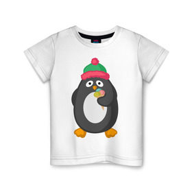 Детская футболка хлопок с принтом Пингвин с мороженым в Санкт-Петербурге, 100% хлопок | круглый вырез горловины, полуприлегающий силуэт, длина до линии бедер | животные | милые животные | мороженое | пингвин | прикольные животные