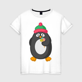 Женская футболка хлопок с принтом Пингвин с мороженым в Санкт-Петербурге, 100% хлопок | прямой крой, круглый вырез горловины, длина до линии бедер, слегка спущенное плечо | животные | милые животные | мороженое | пингвин | прикольные животные