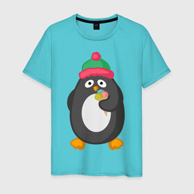 Мужская футболка хлопок с принтом Пингвин с мороженым в Санкт-Петербурге, 100% хлопок | прямой крой, круглый вырез горловины, длина до линии бедер, слегка спущенное плечо. | животные | милые животные | мороженое | пингвин | прикольные животные