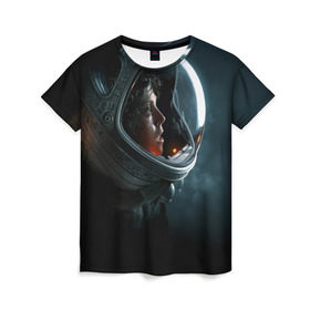 Женская футболка 3D с принтом Девушка космонавт в Санкт-Петербурге, 100% полиэфир ( синтетическое хлопкоподобное полотно) | прямой крой, круглый вырез горловины, длина до линии бедер | alien | космос | рипли | скафандр | чужой